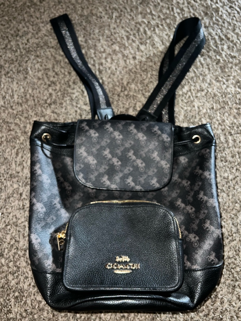 Coach Black and Gray Signature Drawstring Backpack with Gold Accents